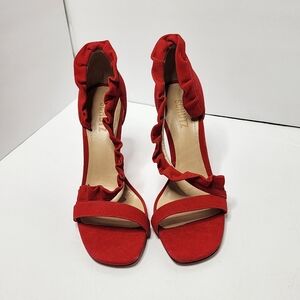 NEW SCHUTZ Aimme Ruffle Suede Heel Sandals in Club Red, Size 8.5, BRAND NEW